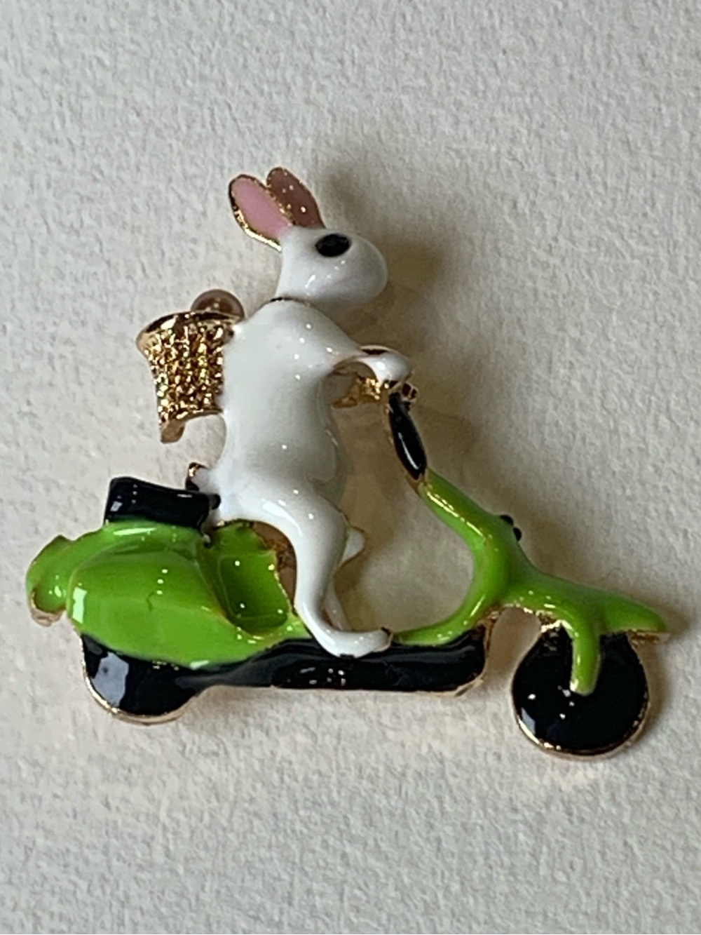 Rabbit on Scooter Brooch Enamel Novelty Pin